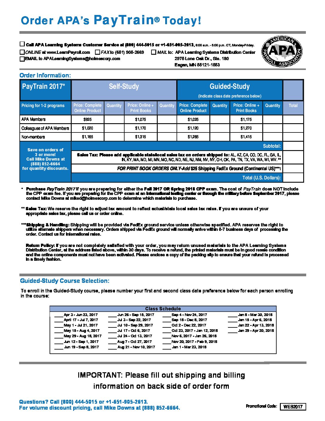 2017 APA PayTrain Order Form PAYO