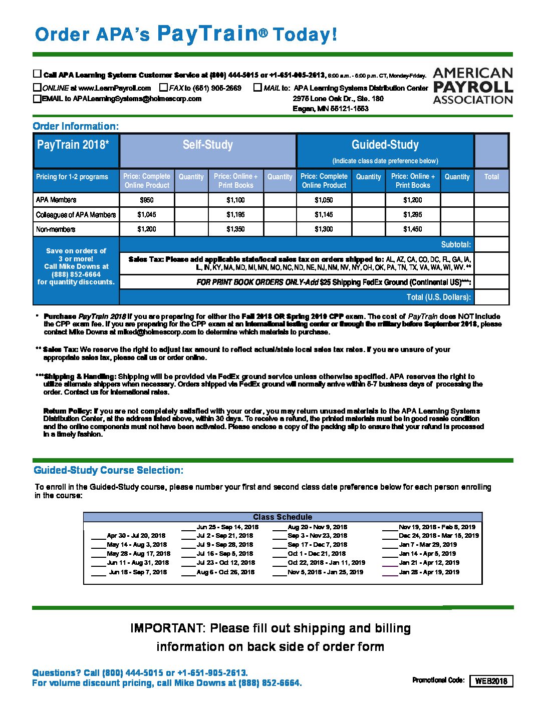 2018 APA PayTrain Order Form | PAYO- PayrollOrg